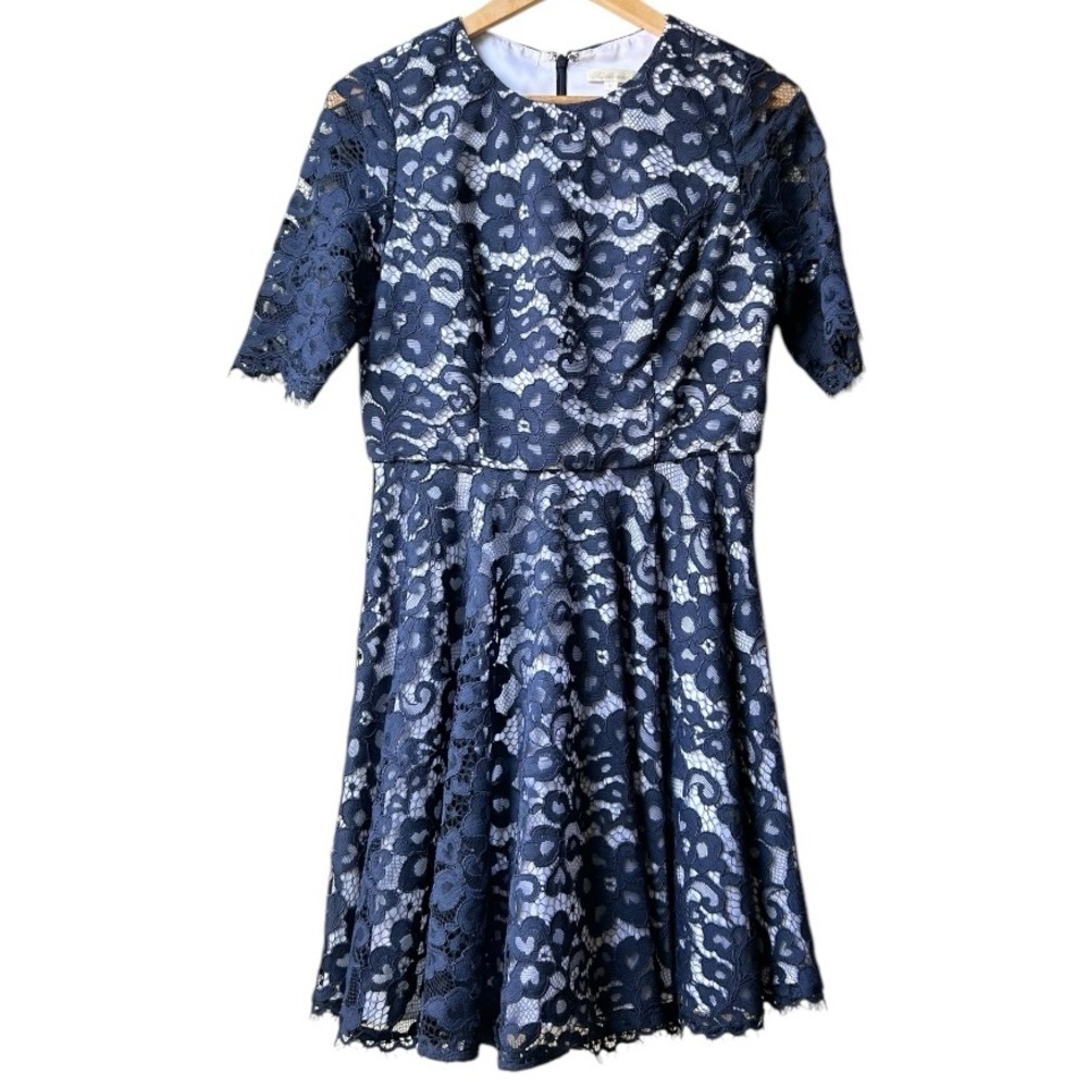 Shoshanna Carmen Lace Fit & Flare Dress in Ink Navy Blue White Sz 6 - Picture 4 of 14